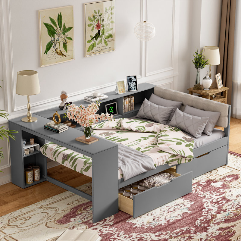Lit de jour avec rangement et station de charge, Double, Gris