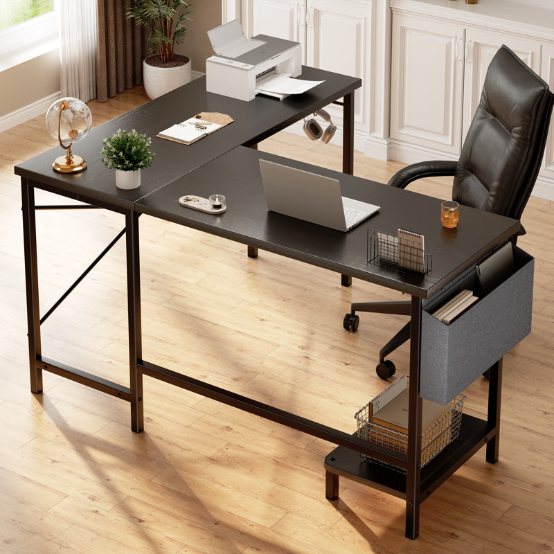 Bureau en L réversible de 50 po de large avec sac de rangement Hussan, Bois aggloméré, Noir