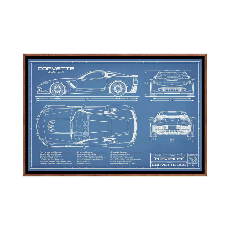 Corvette (C7) Z06 Blueprint - reproduction de dessin sur toile, H 26 po x l 40 po x 1,5 po, Pas de tapis