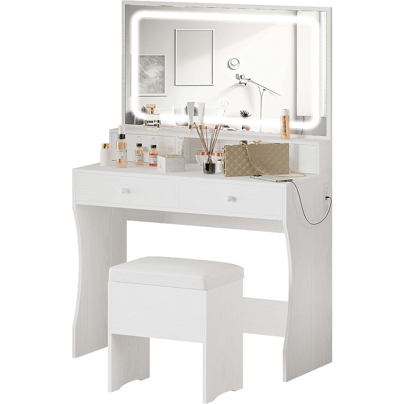 Baelyn Makeup Vanity  with  LED Lighted Mirror,  Modern 4 Drawers Vanities Desk with Stool, White