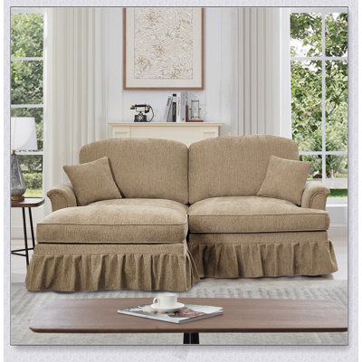Élégant canapé Mid-Century modulaire à deux places en forme de L avec accoudoirs évasés et jupes plissées à volants, canapé-lit en chenille confortable avec repose-pieds mobile