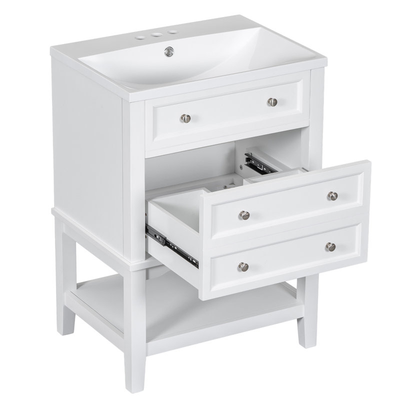 Meuble-lavabo 24 po avec lavabo, tiroirs et tablettes ouvertes
