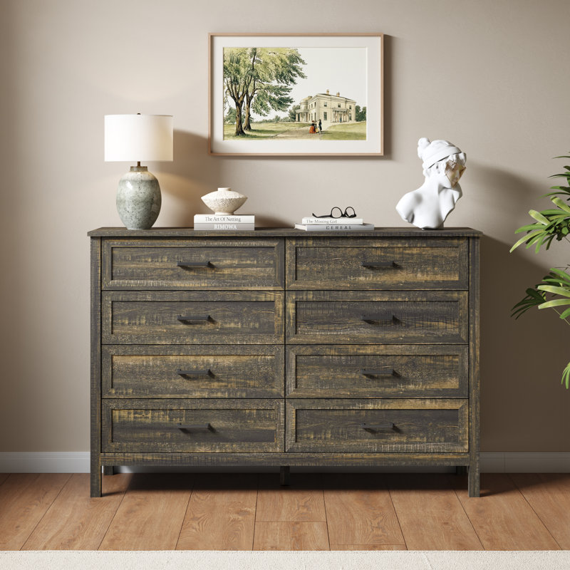 Farmhouse 8 Drawer Dresser,Wood Dresser Chest with Rustic Panel for Bedroom, Hallway, Dark Rustic Oak