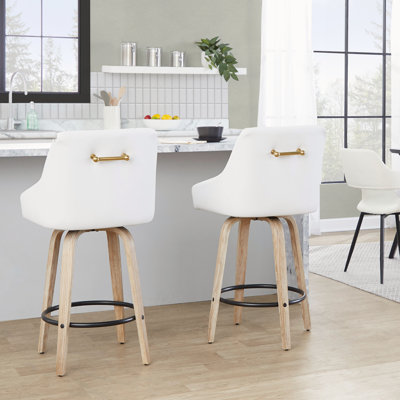 Ensemble de tabourets de comptoir pivotants à hauteur fixe de 2, structure en bois blanchi de 26 pouces avec similicuir blanc et détails en métal doré