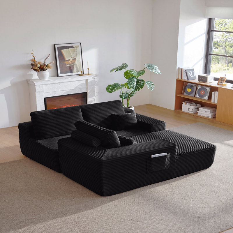 Canapé modulaire Cloud avec méridienne en forme de L et poches latérales, conception modulaire moderne, assise profonde, canapé rembourré pour le salon / la chambre à coucher, aucun assemblage requis, noir, orienté vers la gauche