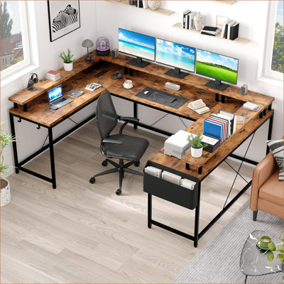 Bureau d'ordinateur en U avec prises de courant et lumières DEL, support pour écran, grand bureau en coin réversible en L avec tablettes de rangement pour le bureau personnel