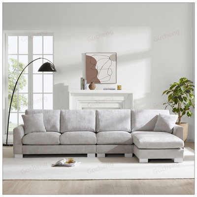 Modern Oversized L-shaped Sectional Sofa with Chaise, 5-Seat Chenille Fabric Couch Set, Includes 2 Free Pillows for Ultimate Comfort and Style