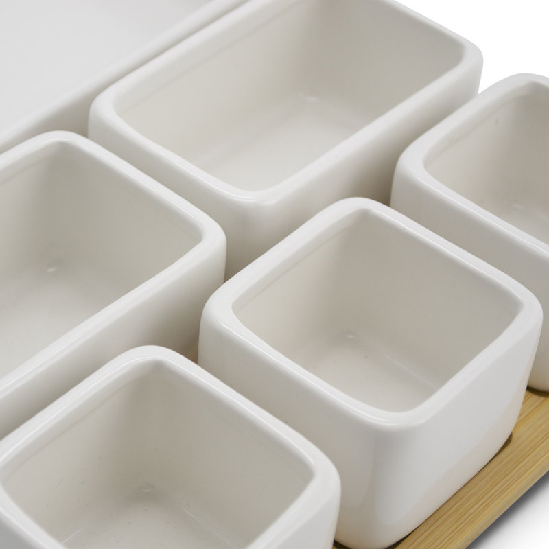 Ensemble de 7 assiettes à condiments avec plateau en bambou, céramique