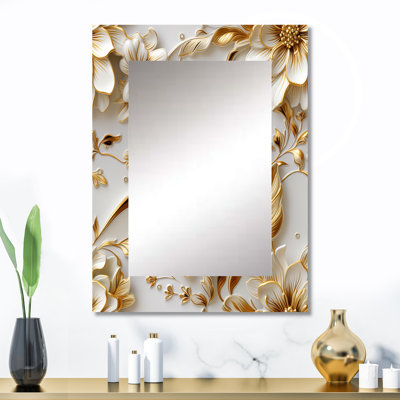 Keiveon or blanc et fleurs bleues élégantes - miroir mural unique en marbre, miroir moderne, impression d'art en métal