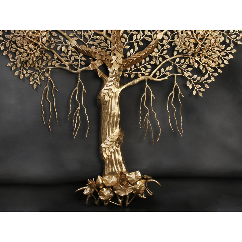 Décoration murale en laiton arbre de vie avec oiseaux perchés
