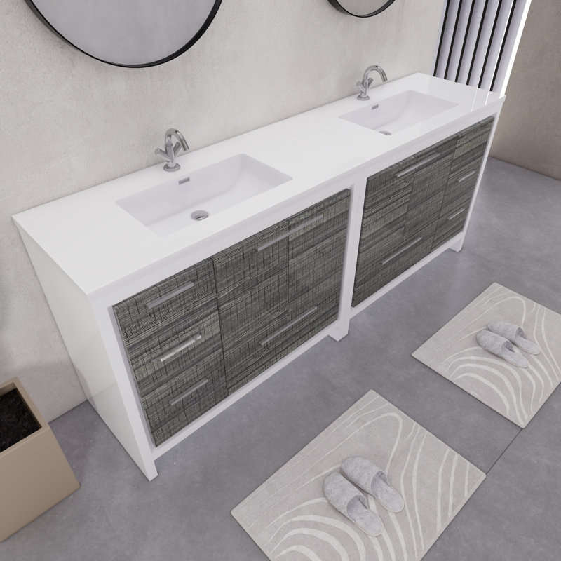 84" Double Sink Bathroom Vanity Set, Gloss White/Ash Grey
