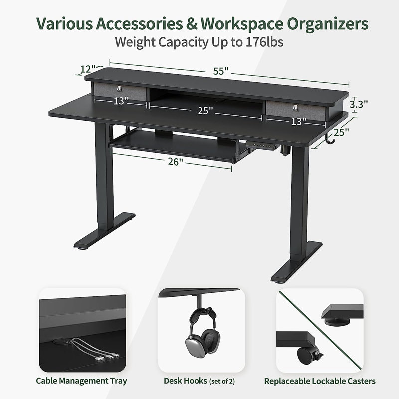 Bureau de jeu à hauteur réglable Lagasse, Noir, H 27 po à 46 po x l 55 po x P 25 po