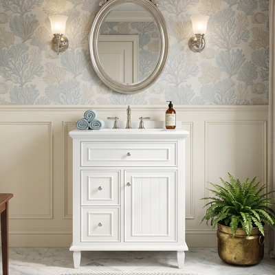 Petit meuble-lavabo moderne 24 po avec lavabo en céramique, armoire en bois d'hévéa massif avec tiroir rabattable intelligent et 2 tiroirs latéraux, tablette réglable, blanc autoportant