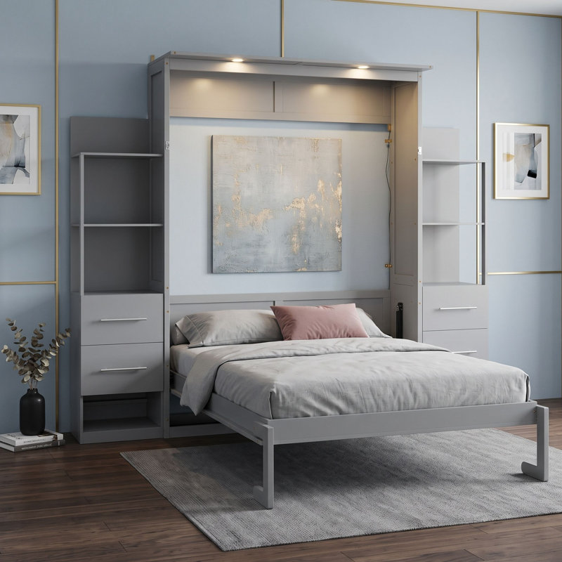 Lit escamotable multifonctionnel avec tablettes, tiroirs et lumières DEL Joean, gris, Double
