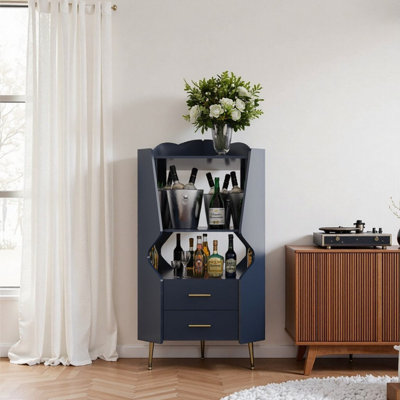 Wooden Corner Bar Cabinet With Open Shelves And Drawers Triamine Board Sideboard