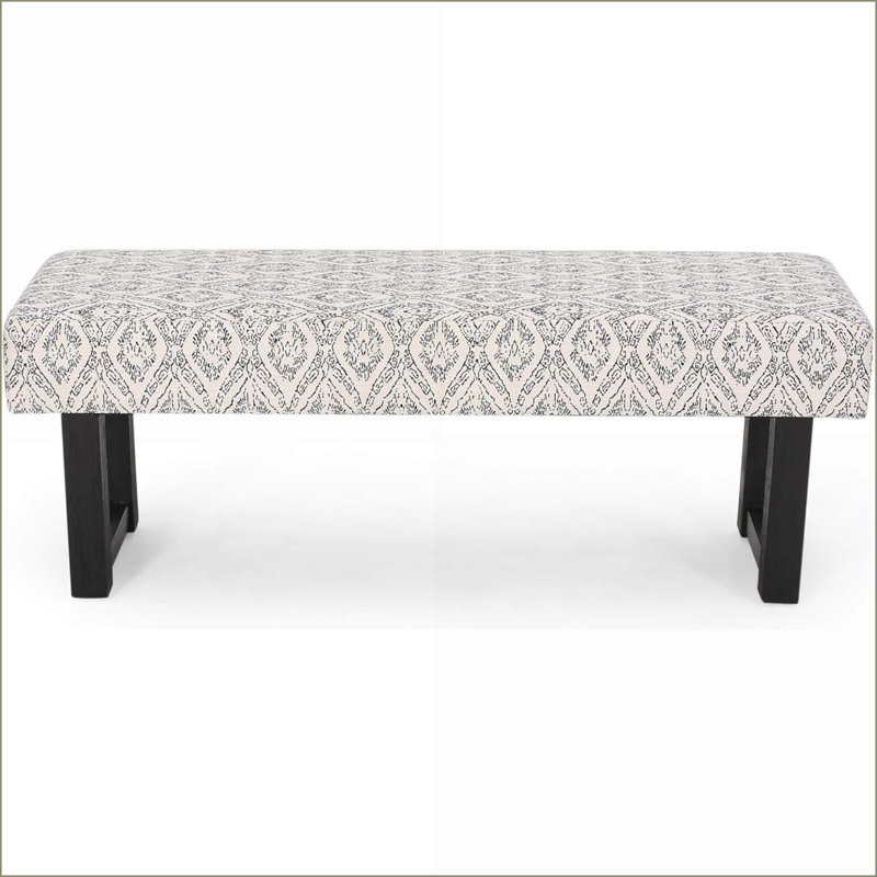 Banc en tissu Boho, structure en bois d'hévéa imprimé noir - salon / chambre à coucher / vestibule | Tissu | Imprimé noir