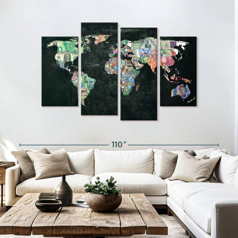 Keiri World Map Currencies, 54" H x 84" W