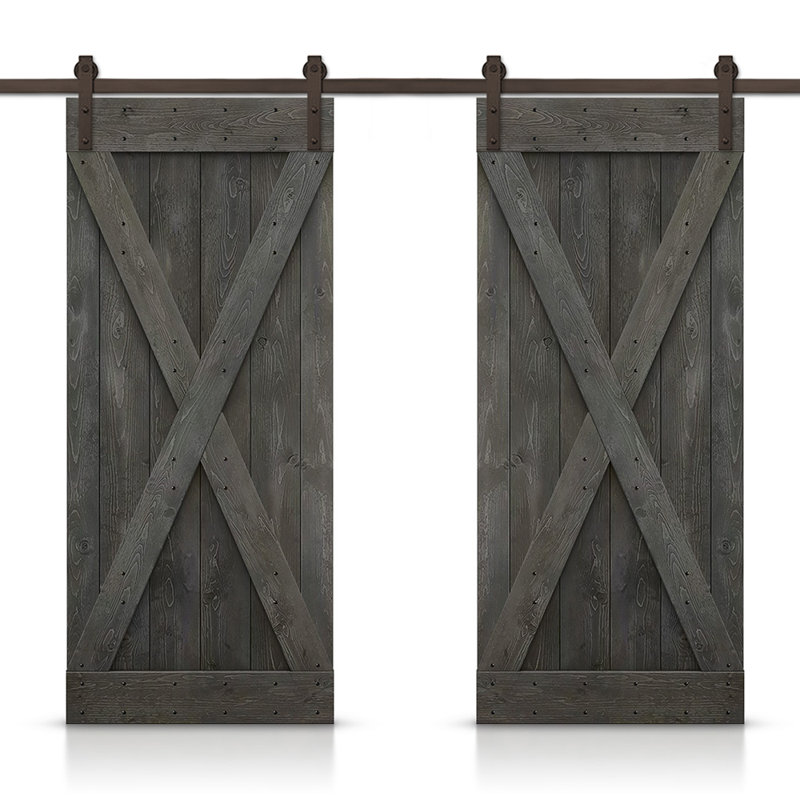Porte de grange en bois massif lambrissé et métal, Gris carbone, 48 po x 84 po