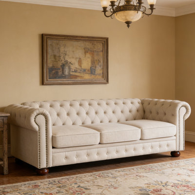 Chesterfield Sofa With Linen Fabric Upholstery And Solid Wood Frame, Foam & Polyester Cushioning
