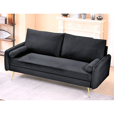 Mid-Century Velvet Sofa,Nailhead Upholstered Couch with Golden Metal Legs,Modern Large Sofa for Living Room