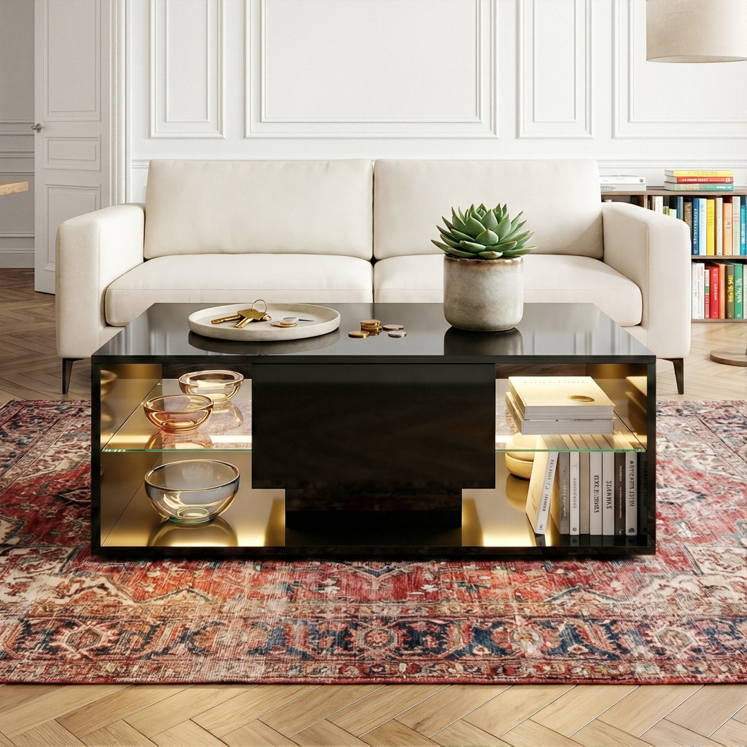 100Cm High Gloss Coffee Table With LED Lights, Modern Cocktail Table With Drawer & Glass Shelves, Black & White