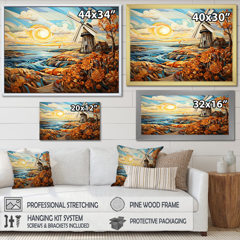 Windmill Coastal Breeze - Wind Turbines, art mural, Cadre d'angle fermé noir, H 12 po x l 20 po x P 1 po