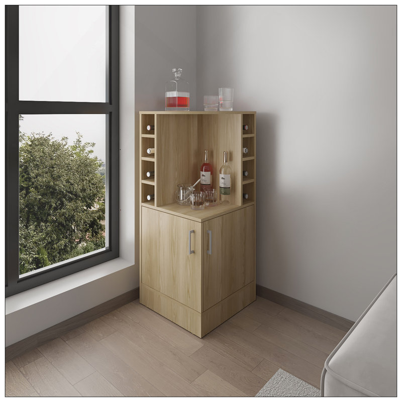 Bar Cabinet, 2 Doors, 8 Wine Bottle Compartments, Natural Wood