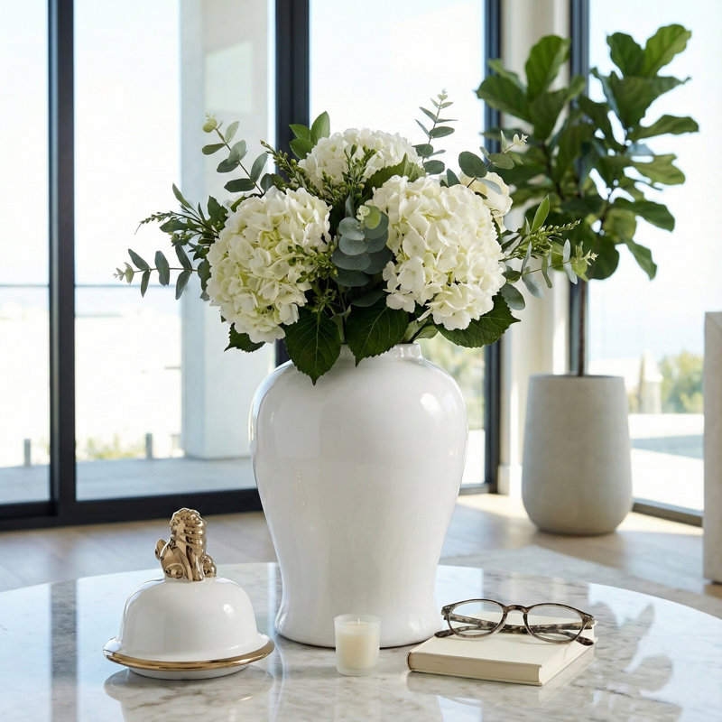 Ellport Sophisticated Ceramic Tall Jar with Lid Accent for Home Decor - Sculptural Table Jar with Silhouette Curve for Shelves Consoles and Tabletop Styling - 18", White & Gold