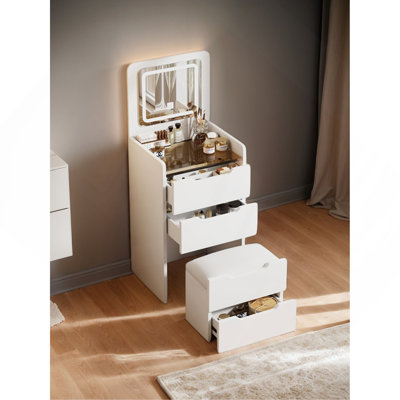 3 In 1 Vanity Desk With Plip Top Mirror, Small Make Up Vanity Set With Visible Glass Desktop, Compact Makeup Vanity With 3 Drawers, Dressing Table For Bedroom