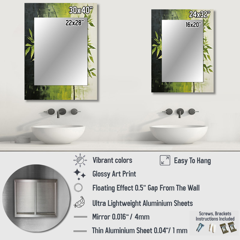 «Green Ferm Simple Collage II - Leaves Large Wall Mirror», miroir décoratif traditionnel, impression sur métal, 40 po x 30 po