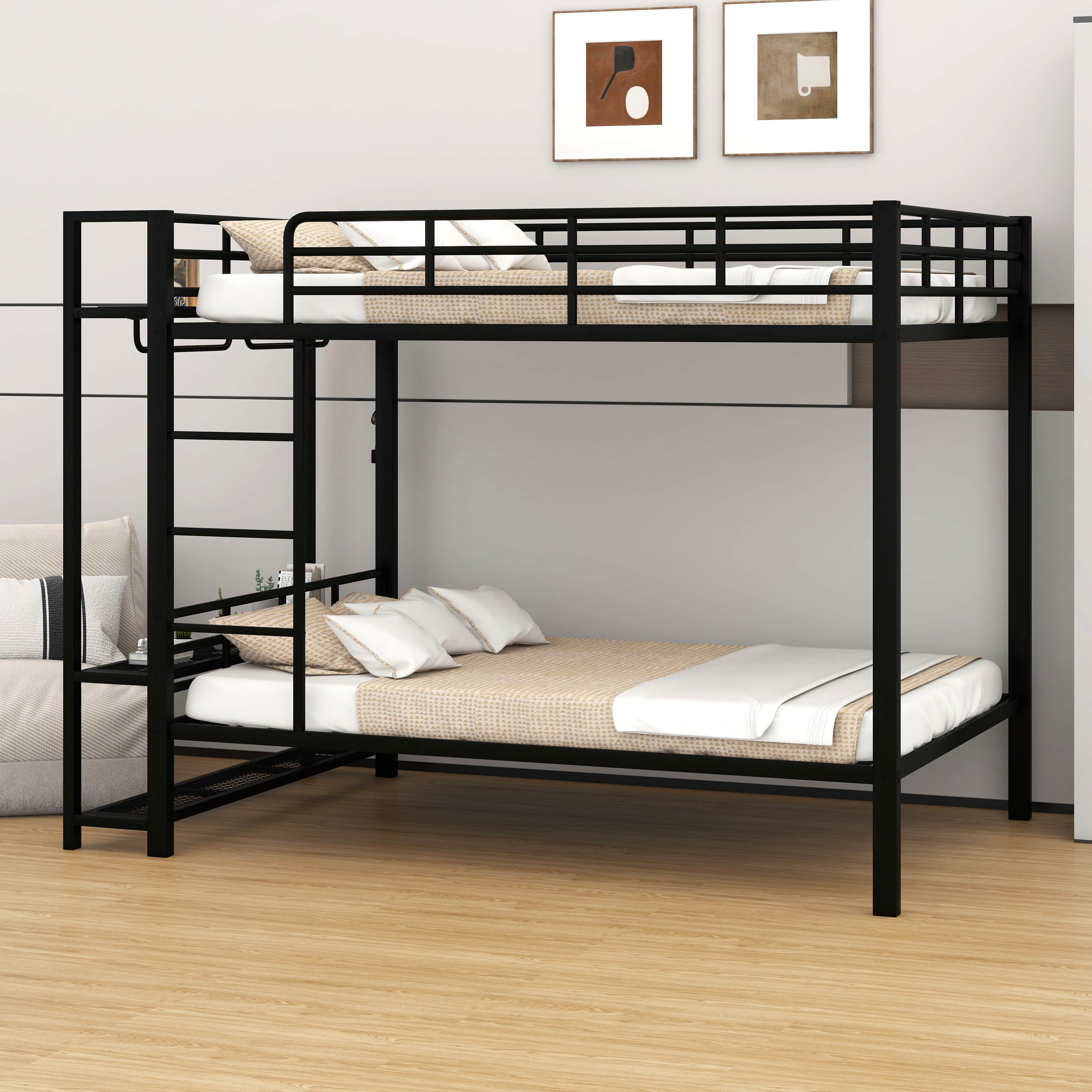 Ivy Bronx Metal Full Size Bunk Bed – Storage Mesh Shelves, Clothes ...