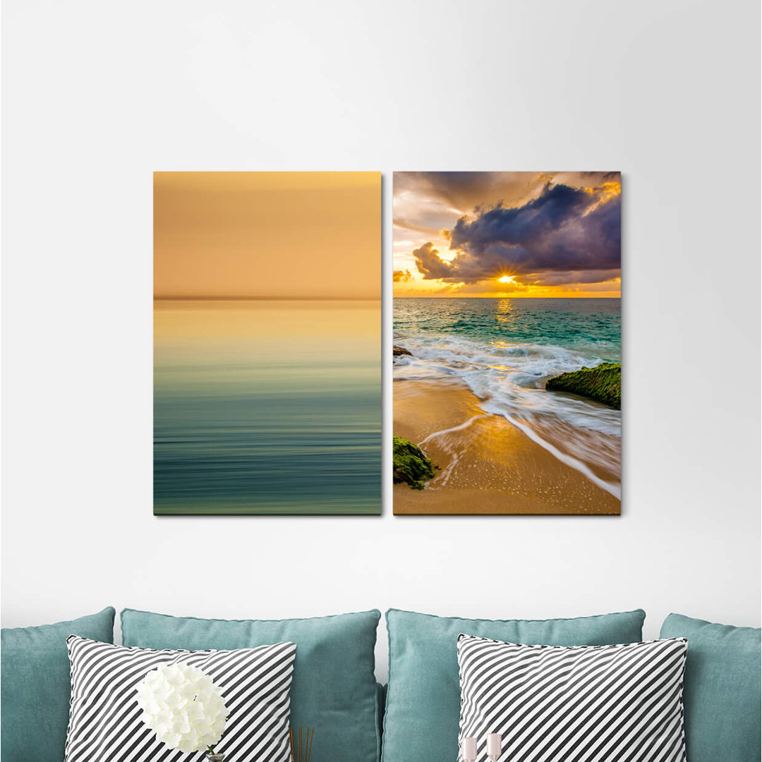 2-tlg. Leinwandbilder-Set - Fotografie „Horizon Minimal Sea Sunset Beach Clouds Calming”