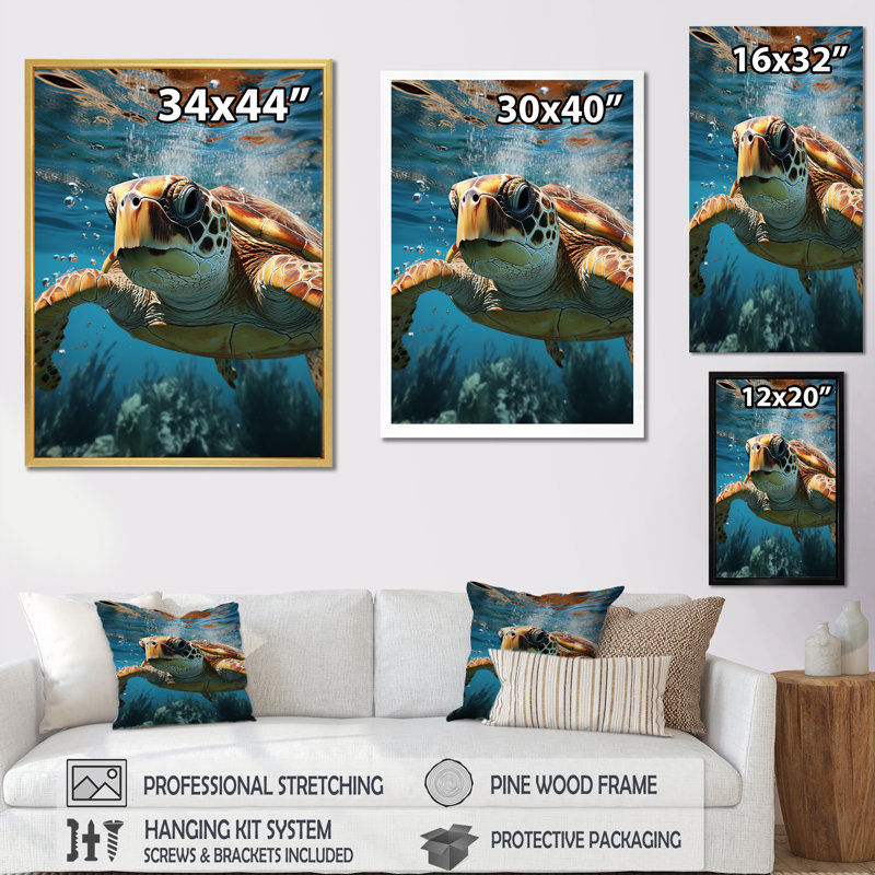 «Whimsical Of A Turtle as An Ocean Explorer I», reproduction sur toile, Cadre simple noir, H 40 po x l 30 po x P 1,5 po