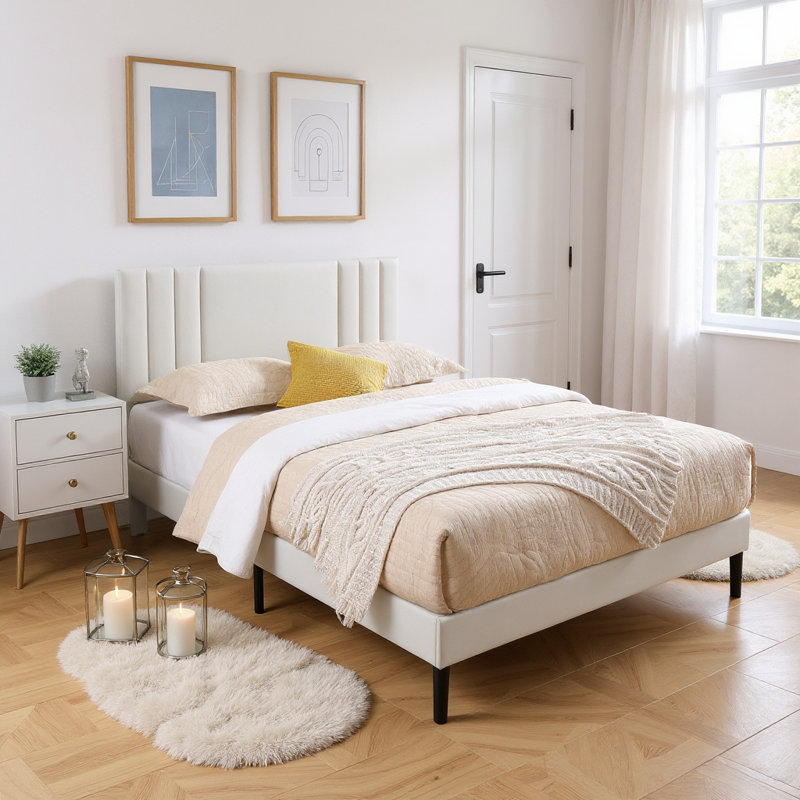  Structure de lit plateforme très grand avec tête de lit tapissier réglable - lattes de bois robustes et pied de support central (capacité de 600 lb), cuir synthétique imperméable, assemblage facile (30 minutes) pour la chambre à coucher