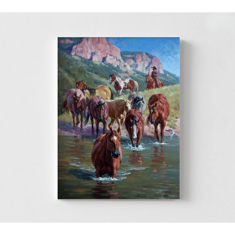 Rivière traversée avec des chevaux, Pas de tapis, H 12 po x l 16 po, Imprimé seulement