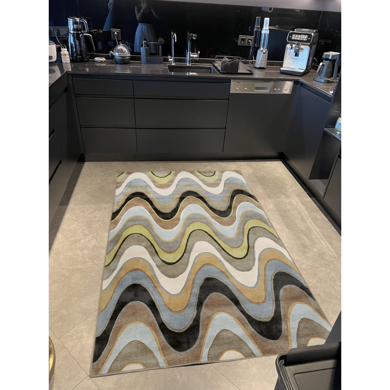 Tapis décoratif moderne multicolore à motif ondulé beige, Tapis de couloir 3 pi 3,37 po x 9 pi 10,11 po