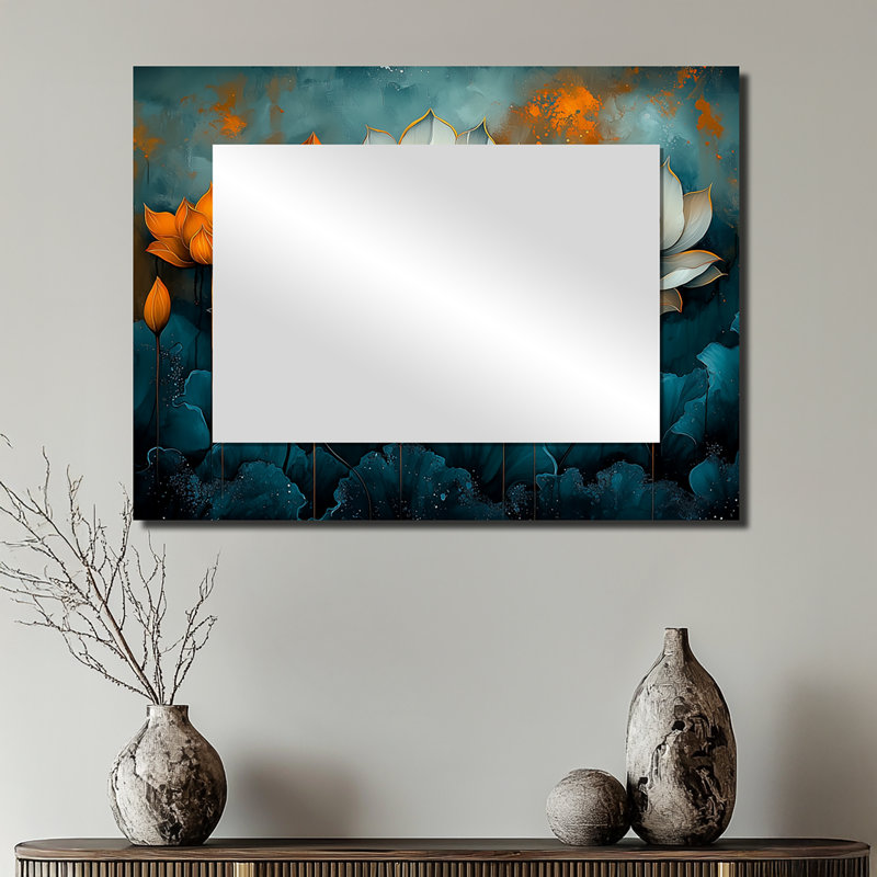 White Orange Radiant Lotus - Floral Decorative Mirror Wall Art - Printed On Metal, 24" x 32"