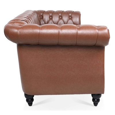84.6" Faux Leather Upholstered Chesterfield Sofa Tufted Rolled-Arm 3-Seater Couch with Solid Wood Legs