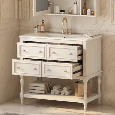 Meuble-lavabo 91 cm (36 po) - Beige. Bois massif. 4 tiroirs. Vasque en céramique. Meuble moderne beige 91 cm (36 po).