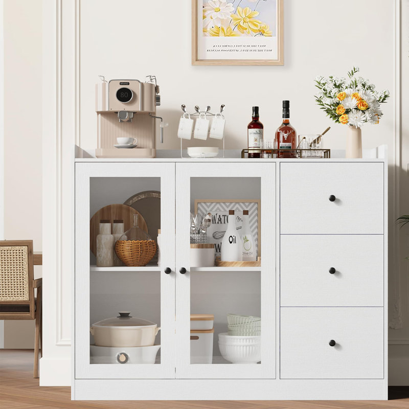 Storage Cabinet With Glass Doors And Shelves, 43" Coffee Bar Cabinet With 3 Drawers,Sideboard Buffet Cabinet With Storage,Buffet Table For Kitchen, Entryway, Bedroom, Living Room