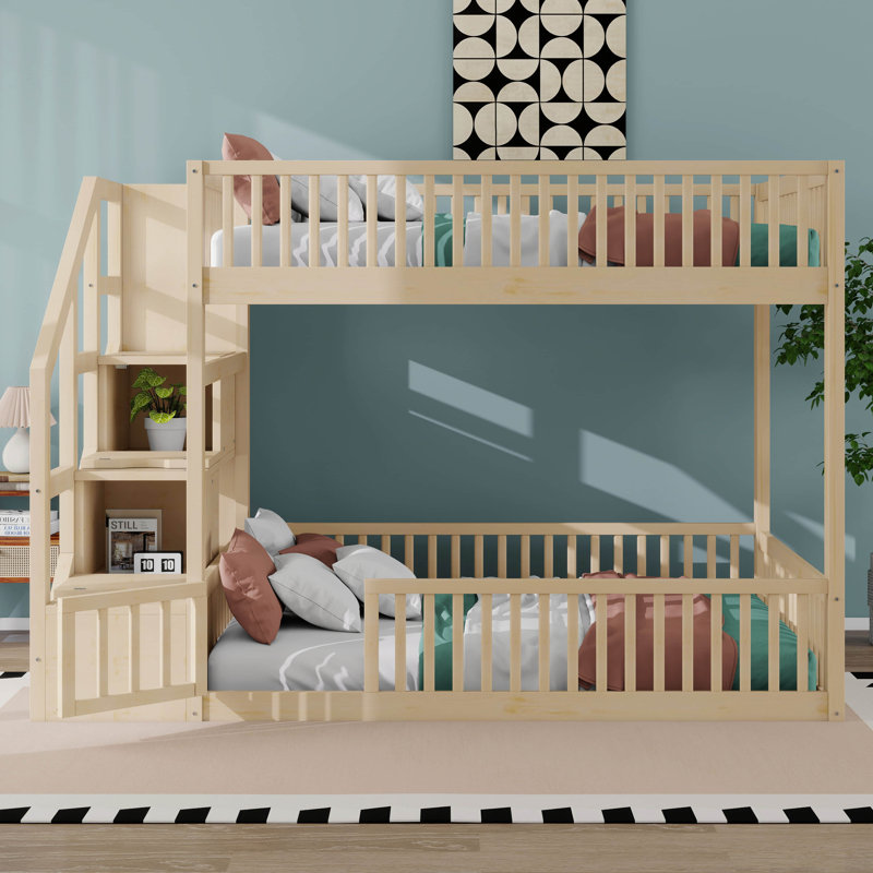 Lit superposé avec escalier de rangement et garde-corps, structure de lit superposé au sol en bois avec support de lattes robustes