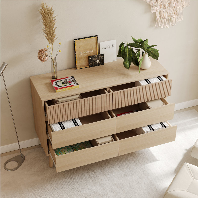 Natural Wood 6-Drawer Dresser - Striped Surface & Pull-Free Drawers