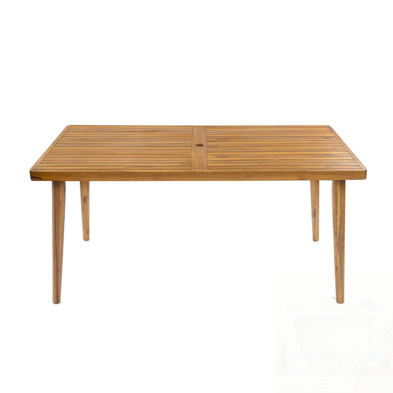 Table de salle à manger d'extérieur en bois d'acacia avec plateau à lattes et trou de parasol Janiyah