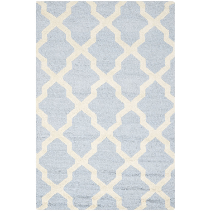 Tapis en laine touffeté à la main Cannen, Rectangle de 5 pi x 8 pi, Bleu clair / ivoire