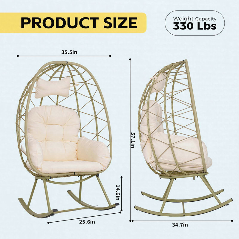 Fauteuil berçant intérieur / extérieur en osier avec coussin et coussin, chaise longue pliable en osier et rotin cocon, Beige