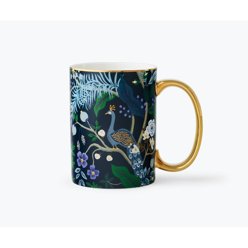 Midnight Blue Ceramic Peacock Mug with Gold Accents