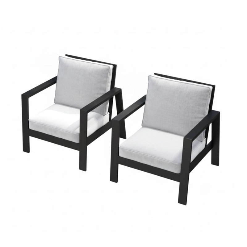 Set Of 2   28" All-Weather Aluminum Patio Armchairs With Thick Light Gray Cushions & Black Frame, Gray