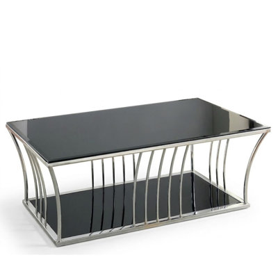 Viola 48 In. Black Rectangle Glass Coffee Table With Curved Chrome Slats And Lower Shelf