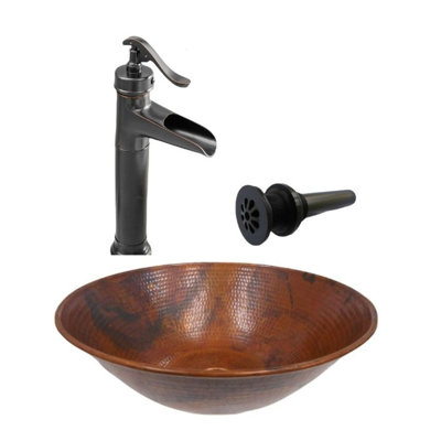 14" Natural Patina Round Copper Vessel Bath Sink Faucet & Drain Included