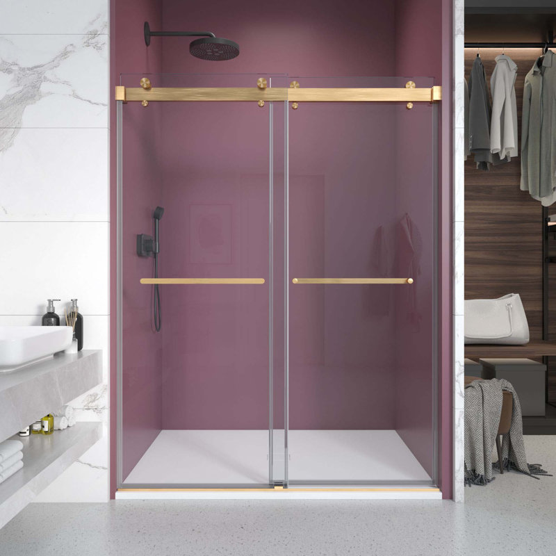 Double porte de douche coulissante sans cadre avec verre transparent de 3/8 po, Doré